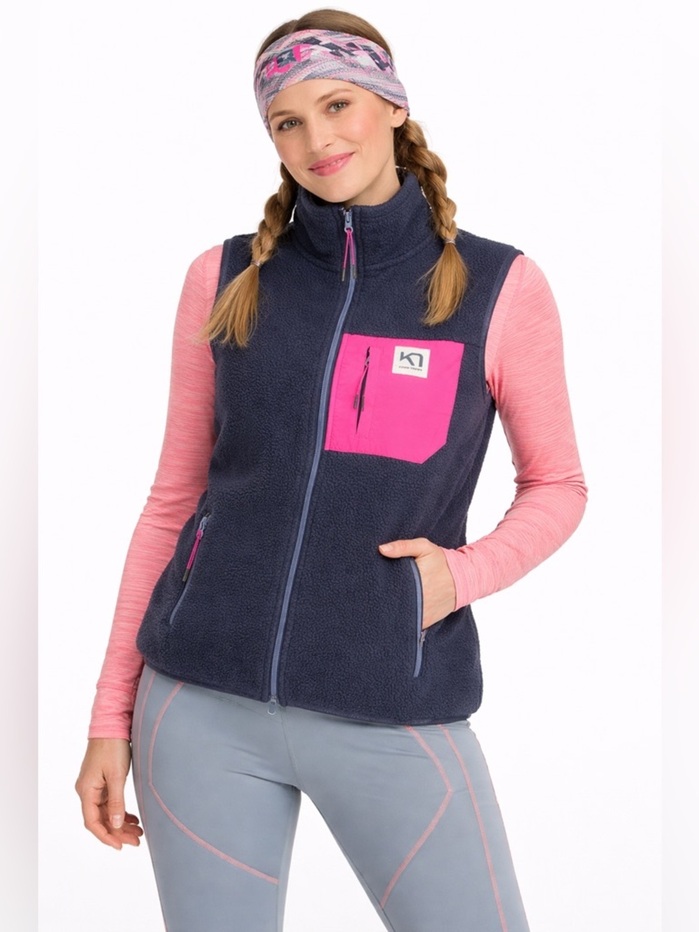Kari Traa Fleece Vest Navy Pink Zip Pocket Outdoor Hiking Athleisure Large